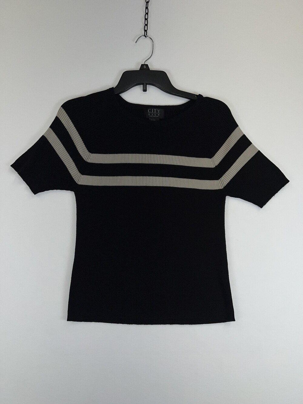 City Silk Sweater Womens Large Black Gray Short Sleeve Knit Retro Stripe Top